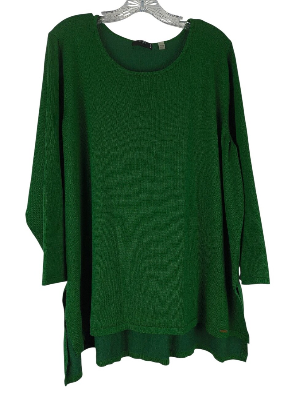T Tahari Tunic Sweater Women's 2X Green Hi Low Hem Side Slits Long Sleeves